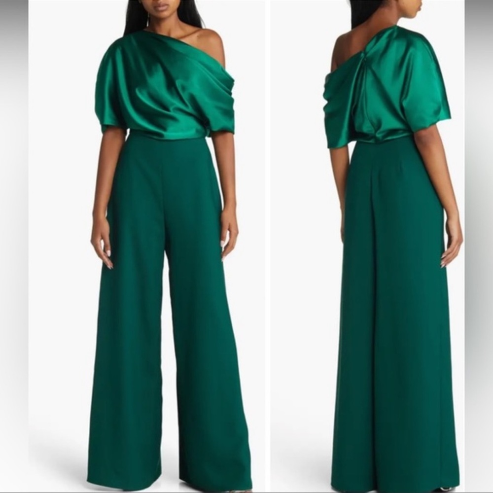Amsale Slouch Off the Shoulder Wide Leg Jumpsuit- Green